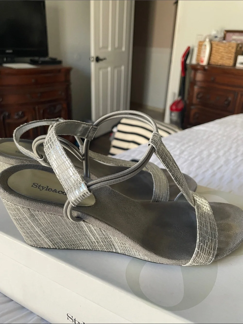 Style & Co. Silver Metallic Strappy Wedge Sandals
